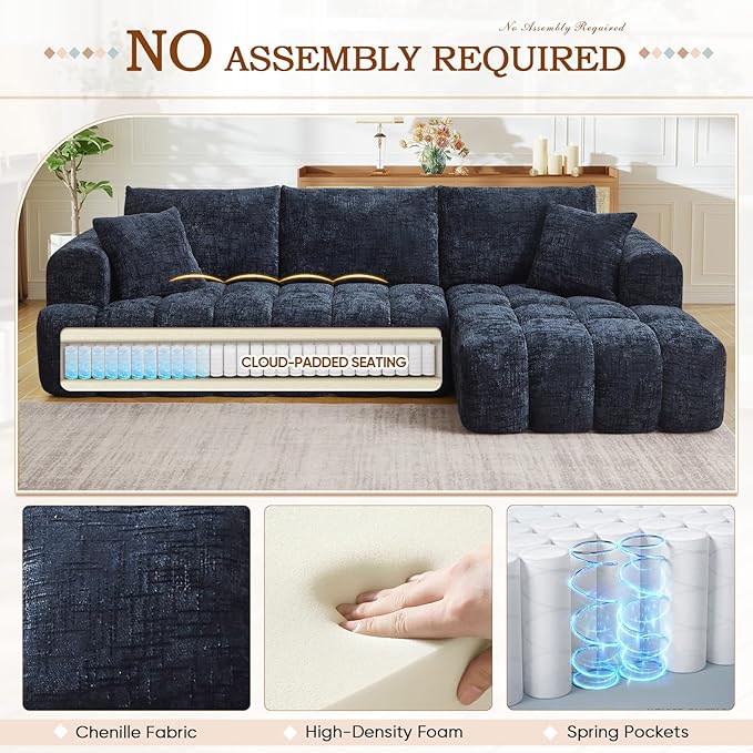 108 W Modular Sectionals SofaCloud Boneless Couch with ChaiseChenille Tufted Deep Seat L Shaped CouchModern Compression Foam Sofa for Living Room BedroomNo Assembly Required(Right FacingBlue)