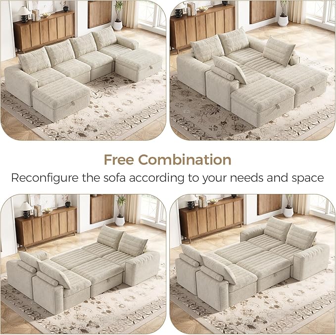136 Modular Sectional Sofa with Deep Seat U-Shaped Cloud Couch for Living Room 4-Seater Boneless Sofa with 2 Ottomans Flexible Combination Modern Upholstery Sofa No Assembly Required Apricot