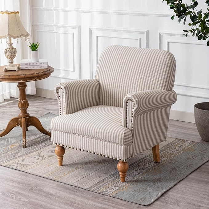 chairus Linen Accent Chair for Living Room Upholstered Mid Century Modern Single Sofa Chair with Solid Wood Legs Comfy Reading Chair Armchair for Bedroom/Office Room/Recption/Lounge Khaki Stripe