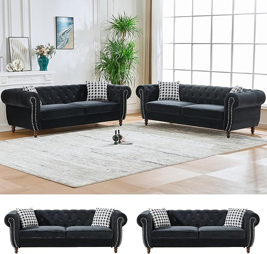 KEIKI Modular Chesterfield Velvet Sofa Couch Set Mid Century Modern 6 Seater Couches w/Roll Armrest &amp Nailhead Comfy Sleeper Cloud SofaBed for Office Apartment Living Room Easy Assembly Black
