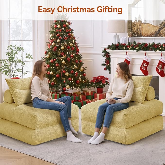 Folding Sofa Bed Fold Out Chair Bed with Pillow Convertible Sleeper Chair for Living Room/Small Spaces Foldable Lazy Sofa Bed Floor Chair Comfy Teddy Velvet Couch Bed Yellow