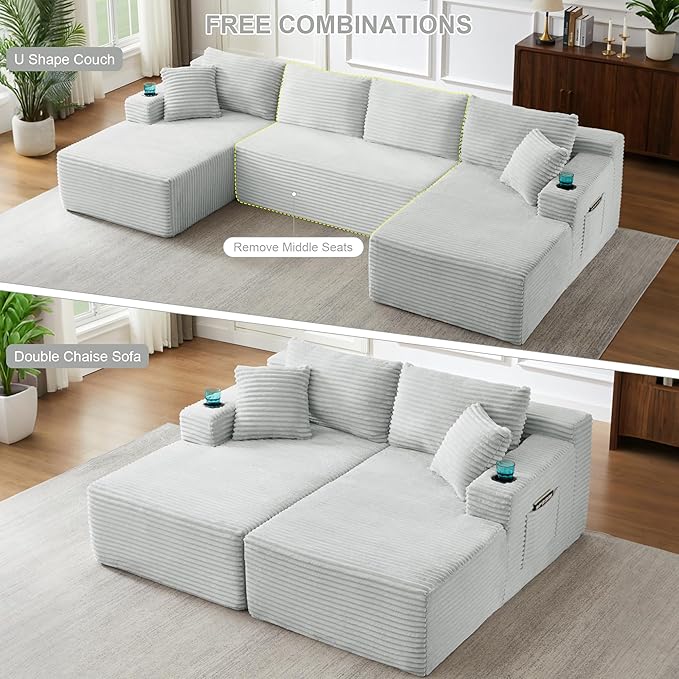 KIVENJAJA 133.5 Oversized U Shaped Sectional Cloud Couch Corduroy Modular Sectional Sofa with Cup Holders &amp Side Pockets Modern Deep Seat Boneless Couches for Living Room Apartment Light Grey