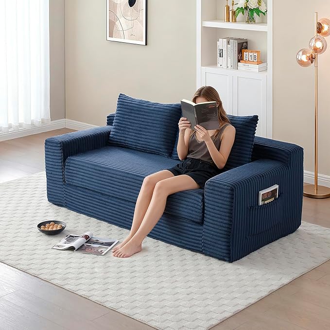 73 Memory Foam Cloud Loveseat Sofa 2 in 1 Convertible Folding Couch Bed Compressed Corduroy Floor Lounge Sofa No Assembly for Apartment Office Bedroom Living Room (Blue)