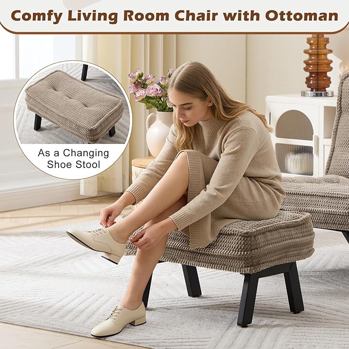 ANJ Accent Chair with Ottoman Adjustable Backrest Khaki Living Room Chair Tufted Upholstered Lounge Chair with Footrest Set Modern Chair Cozy Reclining Chair for Reading Room Bedroom