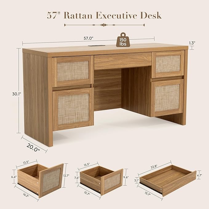 Yechen Executive Desk with 5 Drawers 57 Modern Rattan Home Office Desk with Charging Station File Drawer Farmhouse Boho Computer Writing Desk for Study Work Walnut Brown