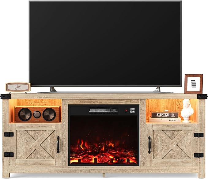 Furmax LED Entertainment Center with Fireplace Fireplace TV Stand with Storage Cabinets and 2 Open Shelves Modern Media TV Console for Living Room (Light Oak)