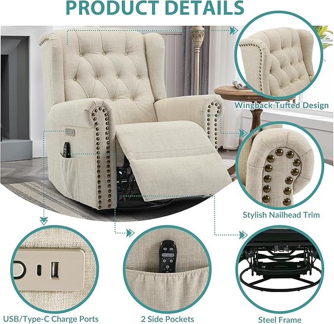 MEETWARM Power Swivel Rocking Glider Recliner Chair with Heat and Vibration Electric Rocker Nursery Reclining Chair Wingback Tufted Upholstered Recliner w/Type-C &amp USB Ports for Living Room (Bei