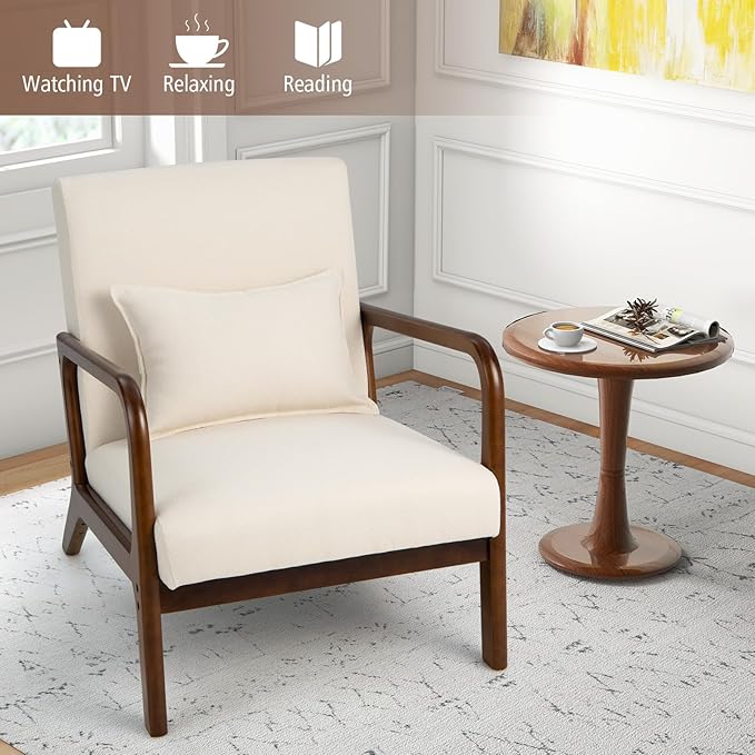 GORELAX Mid Century Modern Accent Chair Upholstered Lounge Armchair with Wood Frame &amp Lumbar Pillow Comfy Reading Chair for Living Room Bedroom Office (1 Beige)