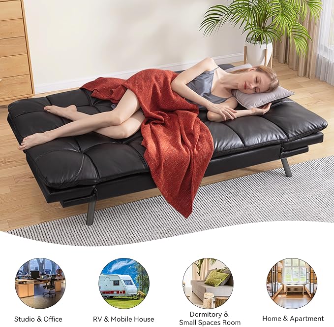 71 Convertible Futon Sofa BedBright Black Faux Leather Futon CouchMemory Foam Reclining Sleeper Sofa BedModern Folding Small Loveseat Couches for Living RoomOfficeApartment