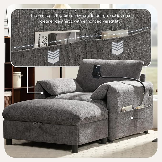 Oversized Accent Chair with Ottoman Chaise Lounge Chair with Phone Holder USB Charger Side Pockets Chenille Reading Armchair for Living Room Bedroom Home Theater (Gray)