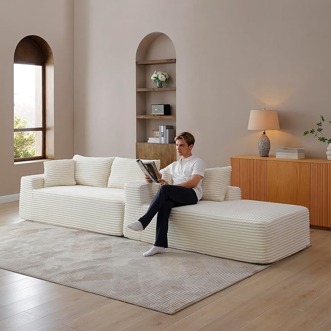 KEIKI 3 Seater Corduroy Boneless Modular Sectional Couch Sofa with Oversized Chaise Lounge Ottoman &amp Back Cushions Deep Seat Modern L-Shape Cloud Compressed Sofa Couches for Living Room Bedroom