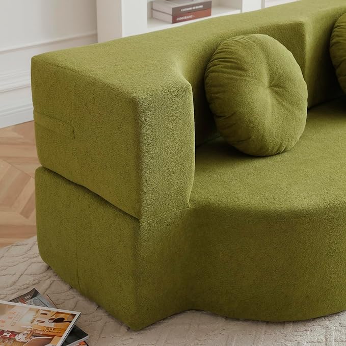 King Size Sofa Bed 76 Inch Convertible Futon Boneless Couch 2-in-1 Loveseat Sleeper Sofa with 2 Pillow Modern Velvet Fabric Floor Couch Bed for Living Room No Assembly Required (Green)