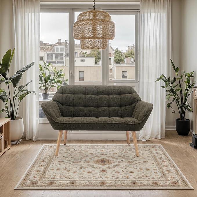 48 Small Loveseat for Small Spaces Upholstered Fluffy Loveseat Sofa Mid Century Modern Mini Couch with Armrest and Wood Legs for Bedroom Living Room Apartment Green