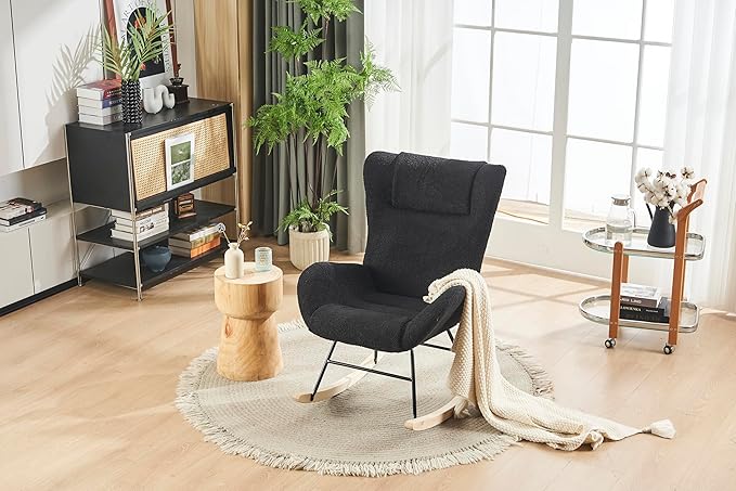 Rocking Chair Nursery Solid Wood Legs Reading Chair with Teddy Fabric Upholstered Nap Armchair for Living Rooms Bedrooms Offices Best GiftBlack Teddy Fabric