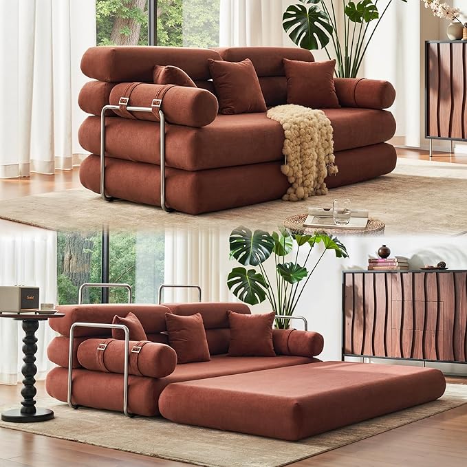 YINIX Convertible Sleeper Sofa - 35'' High-Back Floor Couch Bed - Folding Sofa Bed with Rounded Arm Supports - Floor Sofa Lounge Sofa Bed for Living Room Bedroom - Orange