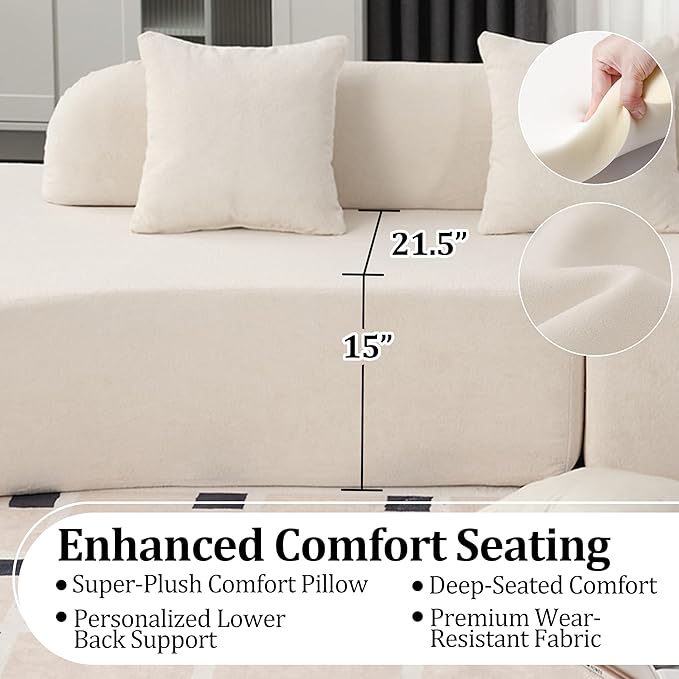 130'' Curved Modular Sectional Long Sofa Modern Cloud Boneless Deep Seat Couch Plush Terry Cloth Compressed Upholstered Lounge Sofa for Living Room No Assembly Required Beige 3 Pillows