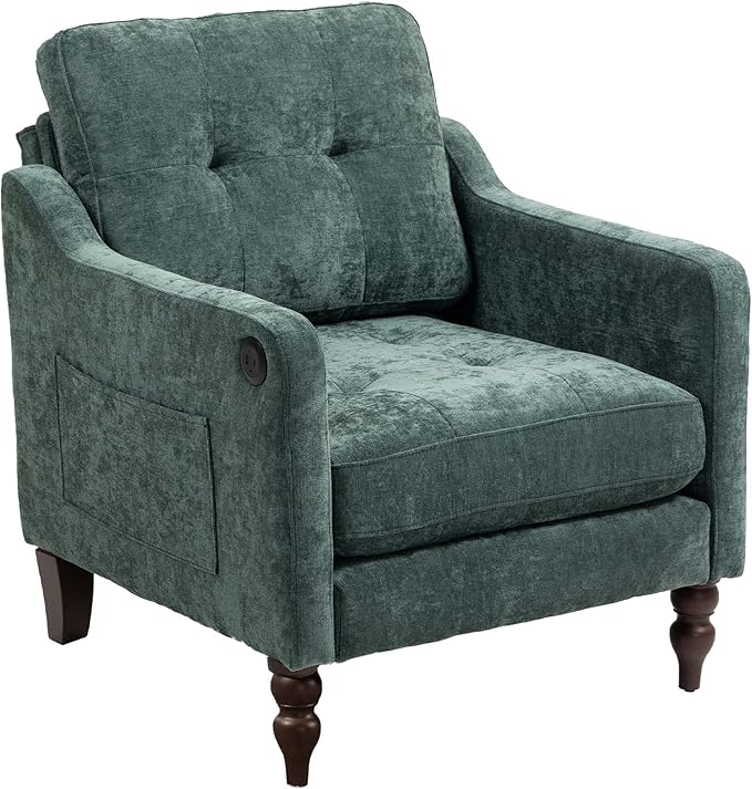 Small Accent Chair Comfy Reading Chairs for Adults with Side Storage Ergonomic Armchair with Wide Backrest Room Chairs with USB Charging Port Living Room Apartment Bedroom (Dark Green)