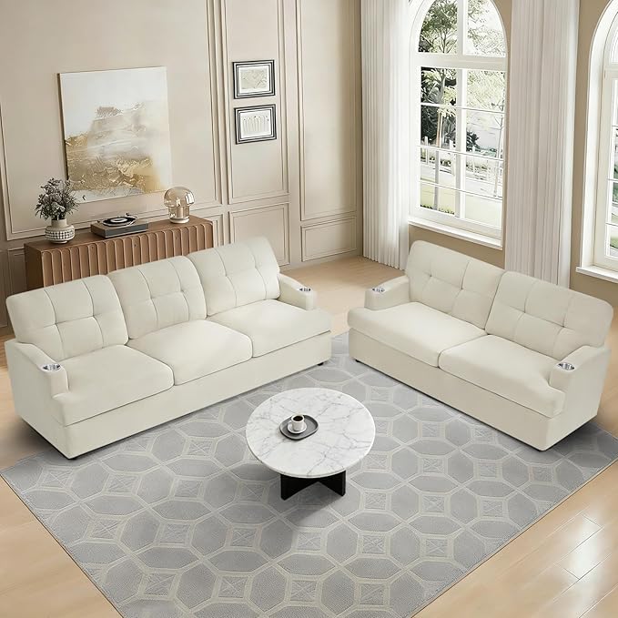 Chenille Modern Sofa Set with Cup Holder Tufted Upholstered Couch and Lovesaet with Thickened Cushions Comfy 3 Seater and 2 Seater Sofa with Deeper Seat for Living Room ApartmentBeige