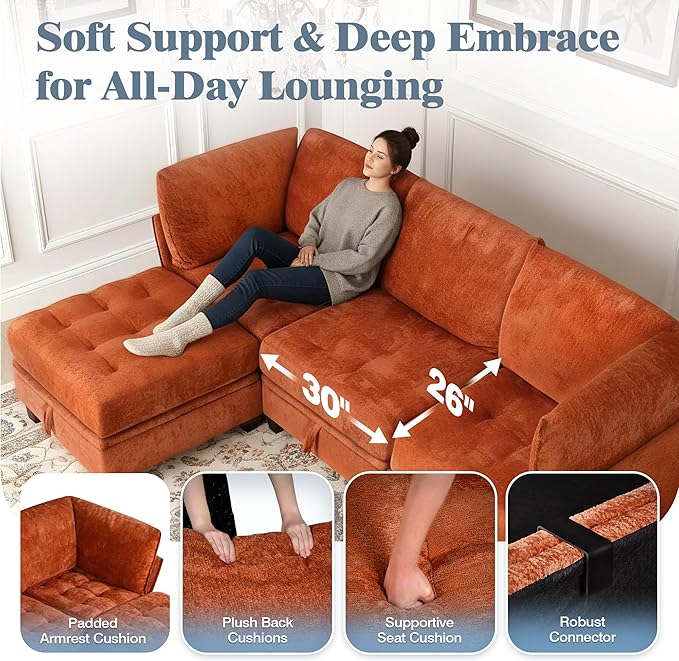 smilesun Oversized Modular Sectional Sofa with Storage Under Each Seat U-Shaped Chenille Sectional with Extra Deep and Wide Seats Convertible Comfy Couch for Living Room（Orange U-Shaped Couch）
