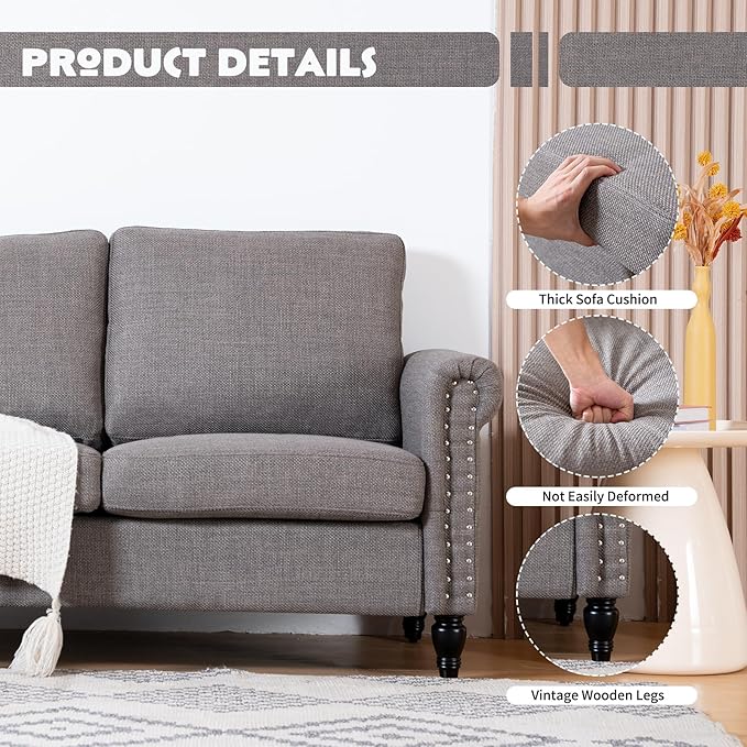 J.C.UP 57'' Loveseat Sofa CouchSmall Couches for Living Room with Linen FabricComfy Upholstered Love Seat Sofa Couches for Bedroom with Solid Wood Legs2 Seater mini Modern Couch for Small Spaces