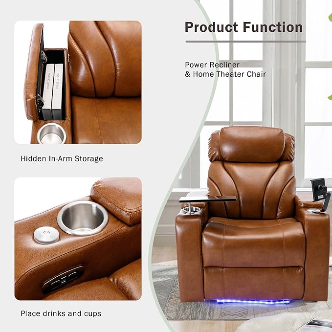 Power Motion Recliner Electric Power Recliner with Hidden Arm Storage Cup Holder Phone Holder Tray Table Faux Leather Rocker Chair for Small Spaces (Light Brown/78)