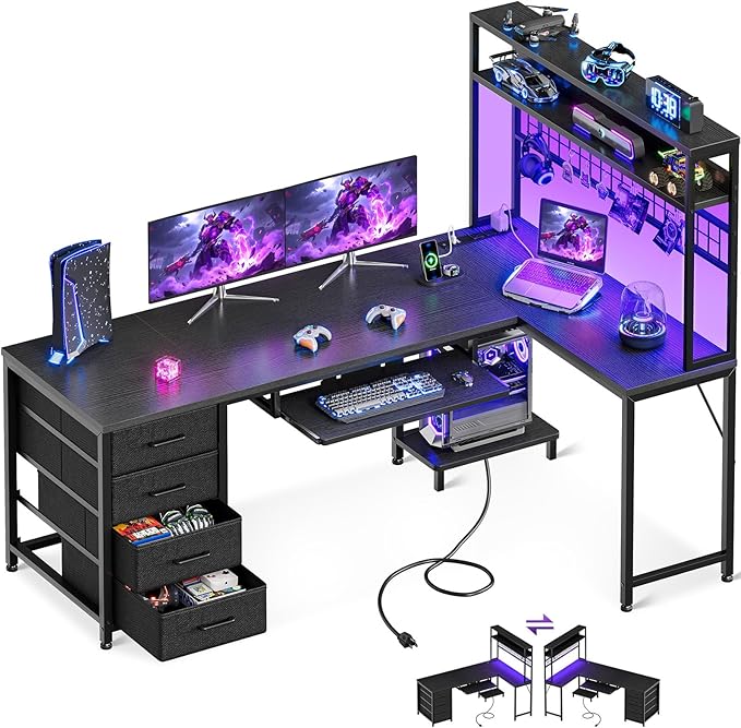 AODK 59 Inch L Shaped Desk with 4 Drawers Gaming Desk with Led Lights &amp Power Outlets Computer Desk with Pegboard &amp Keyboard Tray Reverisble Home Office Desk with Storage Shelves &amp CPU