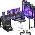 AODK 59 Inch L Shaped Desk with 4 Drawers Gaming Desk with Led Lights &amp Power Outlets Computer Desk with Pegboard &amp Keyboard Tray Reverisble Home Office Desk with Storage Shelves &amp CPU