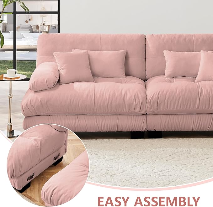 94.4 L-Shape Modular Cloud Sectional Sofa with Chenille Plush Fabric - 2 Seater Couch with Deep Seat and Movable Ottoman for Living Room Apartment and Office - Pink