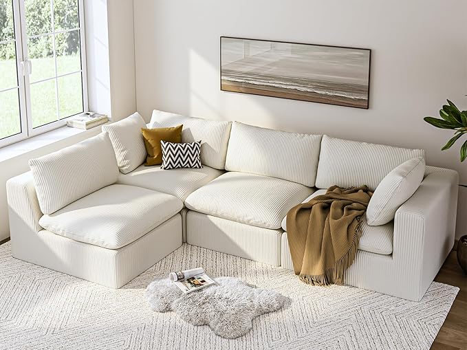 ARSURA 106” Cloud Couch for Living Room | L-Shaped Boneless Couch | Modular Sectional Couch | Corduroy Off-White