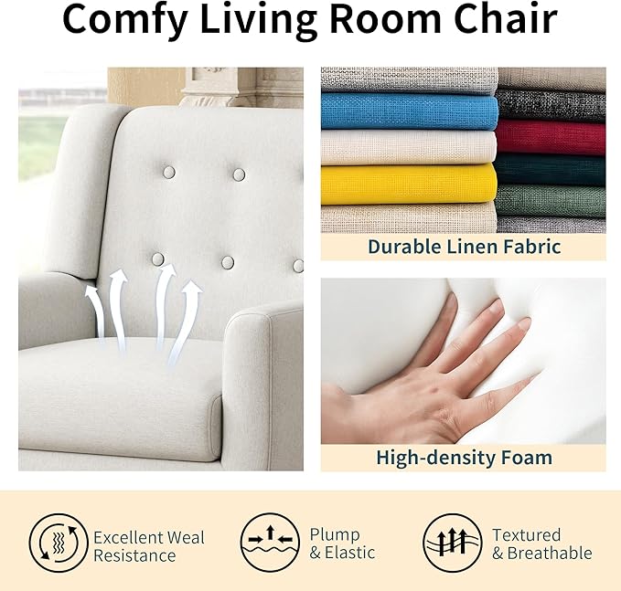 Accent Chairs Mid-Century Modern Upholstered Living Room Armchair Comfy Oversized Linen Fabric Single Reading Arm Chair with Tufted Back and Wood Legs for Bedroom Club (1 Beige)