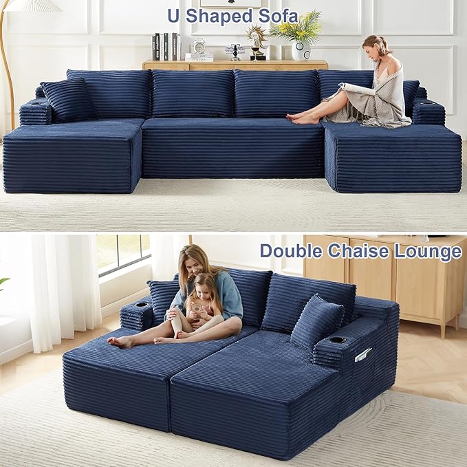 134 U Shaped Boneless Couch with Chaise Oversized Modular Sectional Sofa with Cupholders &amp Storage Corduroy Cloud Couches for Living Room Free Combination No Assembly Required Blue
