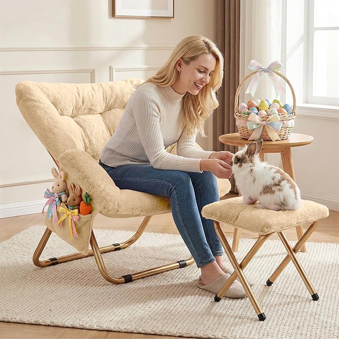 Comfy Saucer Chair Foldable Living Room Chairs Soft Faux Fur Lounge Chair for Bedroom Reading Chairs for Adults Teens X-Large (Beige)