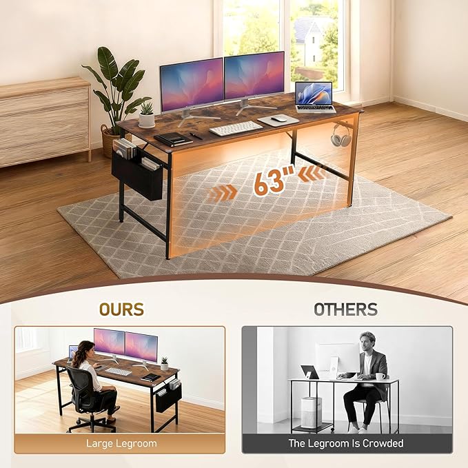 VINGLI 63 Inch Computer Office Modern Simple Gaming Desk with Side Fabric Drawer &amp Hook Up Wear-Resistant Surface Writing Desk Work Desk for Bedroom Living Room Rustic Brown