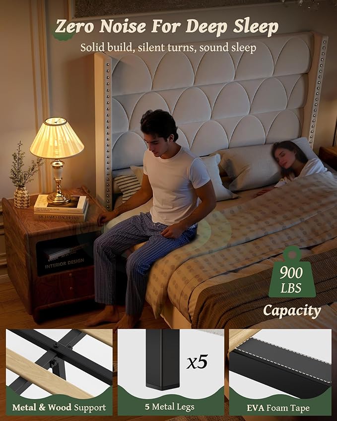 Queen Size Bed Frame with 56 Headboard - Velvet Upholstered Wingback Platform Bed Frame Noise Free Sturdy Wooden Slat Support (Cream Queen)