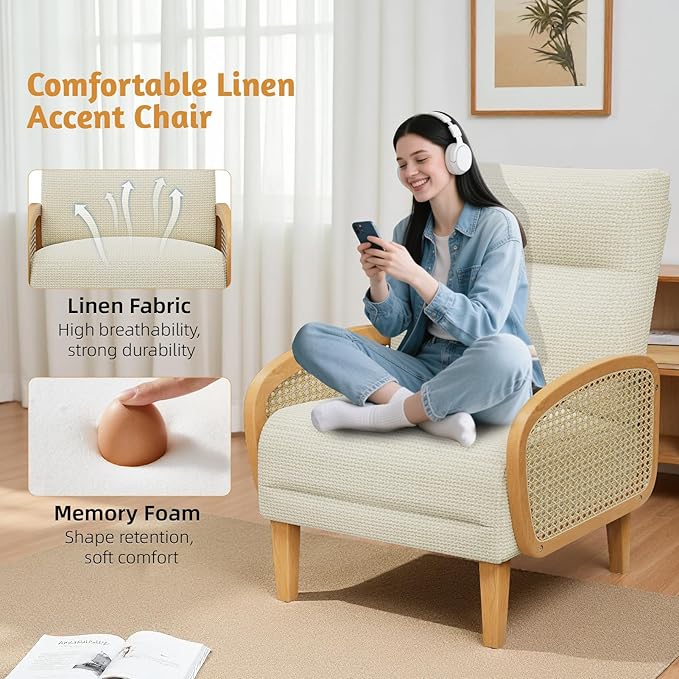 Rattan Accent Chair Arm Chair with High Resilience Cushion Armchair with Sturdy Ash Wood for Living Room Beige