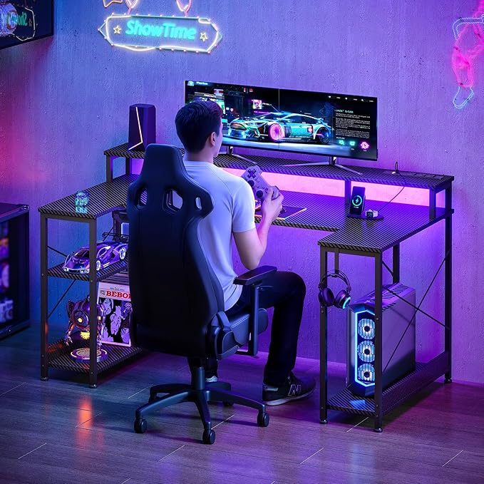 ODK 55 Inch Gaming Desk with LED Lights and Power Outlet U-Shaped Computer Desk with Monitor Stand and Storage Shelves PC Gamer Table for Home Office Carbon Fiber Black