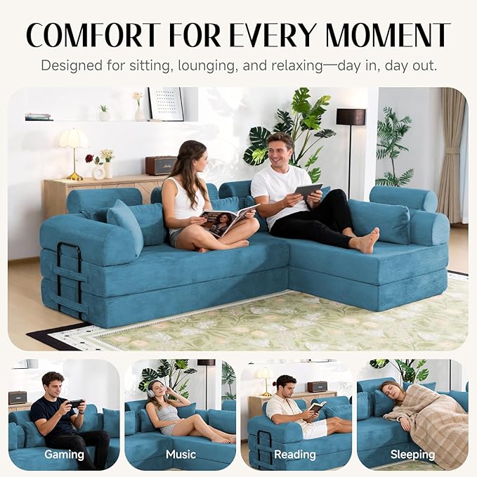 106 L-Shaped Modular Boneless Couch 2-Piece System (2×70.87) Convertible Sectional to 141.7 Straight Sofa Corduroy Couch in a Box Headrest &amp Back Pillows for Living Room Ocean Blue