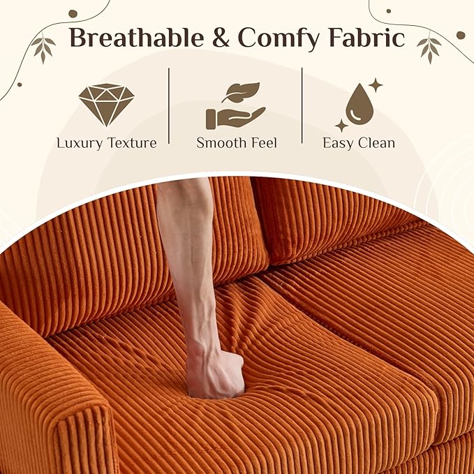 Karl home Small Sectional Couch L Shaped Sofa with Movable Storage Ottoman Corduroy Upholostered Sofa Chaise with Side Pockets for Living Room Apartment Studio Orange