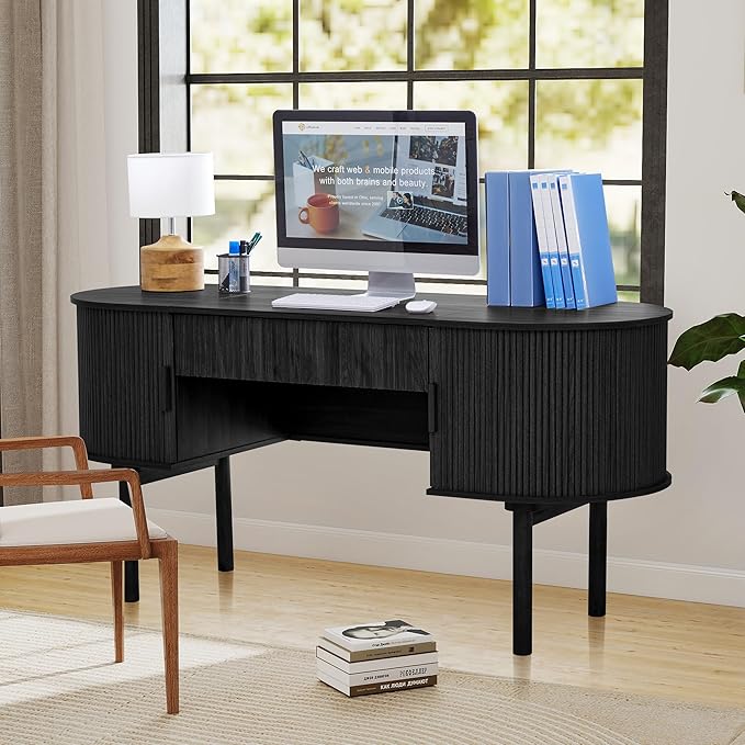 ORRD Home Office Oval Desk with Sliding Tambour Door and Drawer Modern Fluted Wood Executive Computer Storage Desk for Study Living Room Bedroom Office - Black