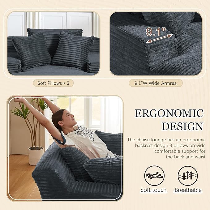 80 Inch Oversized Chaise Lounge Chair IndoorBoneless Corduroy Sofa Bed with Spring CushionDeep Seat Cloud Couch and Reading LoungerSoft Sleeper Sofa for Living RoomNo Assembly Required (Dark Grey)