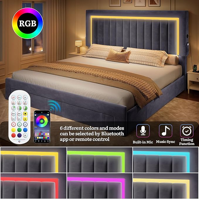 YITAHOME Queen Size Bed Frame with Adjustable Headboard 4 Storage Drawers and RGB LED Lights Velvet Upholstered Platform Bed with USB Ports No Box Spring Needed Fast Assembly Noise-Free Gray