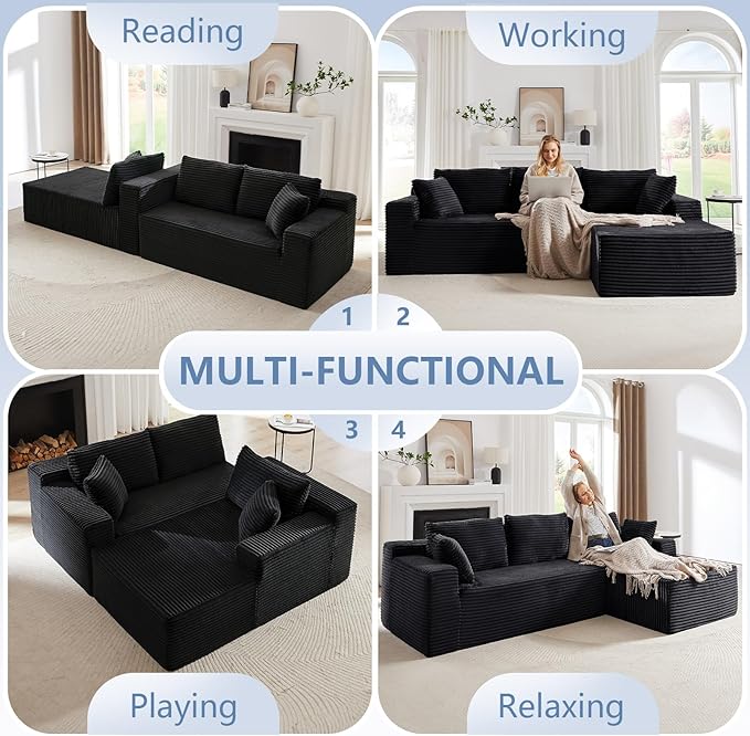 103 L-Shape Cloud Couch with Chaise Upholstered Corduroy Modular Sectional Sofa Deep Seat Couch with Free Combination for Living Room &amp ApartmentNo Assembly Required(BlackRight Facing Chaise)