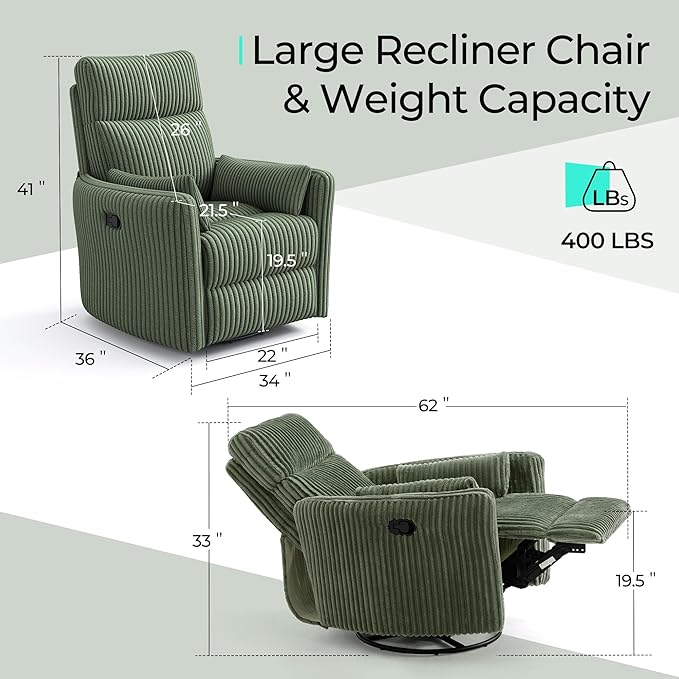 LINSY 360 Swivel Recliner Chair Nursery Glider Rocking Chair with 2 Pillows Corduroy Nursing Chair Comfy High Back Adult Rocker Recliner for Small Spaces Nursery Bedroom Living Room (Green)