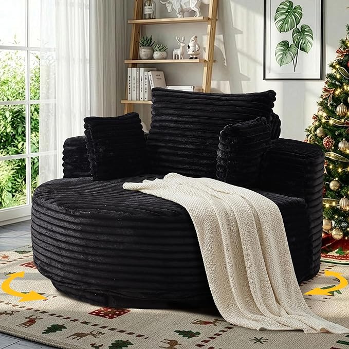 55 Oversized 360 Degree Swivel Chair Modern Round Chair Lounge Upholstered Corduroy Swivel Accent Chair with Deep Seat Comfy Fluffy Sleeper Sofa for Living Room Bedroom Apartment (Black)
