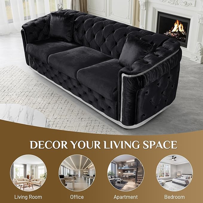 Velvet Couch Black and Silver Sofa Luxury Loveseat 84.6 Mid Century Modern Chesterfield Sofa Couch for Living Room Tufted Sofas with 2 Pillows &amp Classic Golden Decor Black