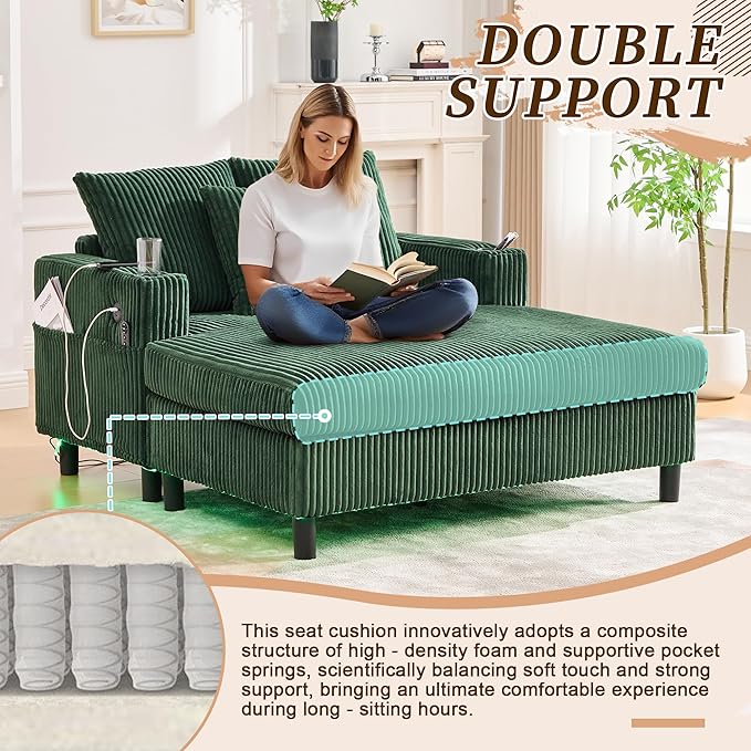 KEIKI 50 W Corduroy Oversized Recliner Single Sofa Couch with Deep Seat3 PillowsUSB ChargingCup Holder and Pocket for Bedroom