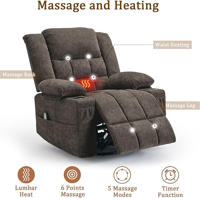 360° Swivel Rocker Recliner for Adults Nursery Glider Recliner with Massage and Heating Rocking Chair with Cup Holder Manual Recliner Chair for Living Room Bedroom (Fabric Brown)