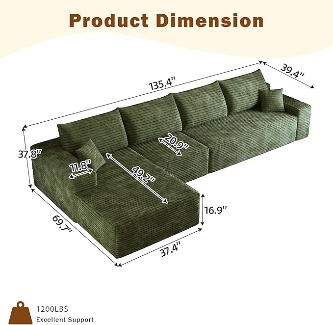 135 Corduroy Boneless Sectional Couch with Chaise No Assembly Required L Shaped Modular Sectional Sofa Upholstered Boneless Couches for Living Room Bedroom (Green 4 Seater+Left Facing Chaise) | C