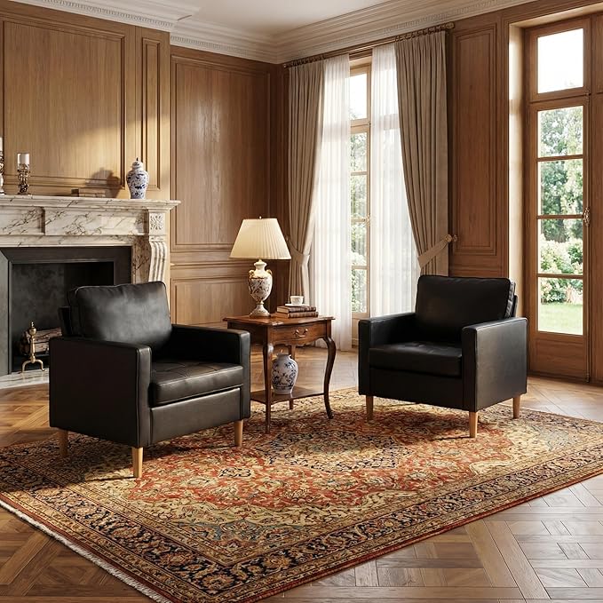 TYBOATLE Accent Chairs Set of 2 Black Leather Chair with Tufted Seat &amp Wood Legs Mid-Century Modern Living Room Chair Upholstered Comfy Reading Chair Armchair for Bedroom Waiting Room Office