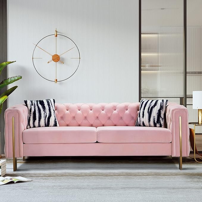 Dolonm Modern Velvet Sofa for Living Room 84 Inches Long Tufted Couch Upholstered Sofa with 2 Pillows High Arm and Metal Legs Decor Furniture for Bedroom Office (Pink)